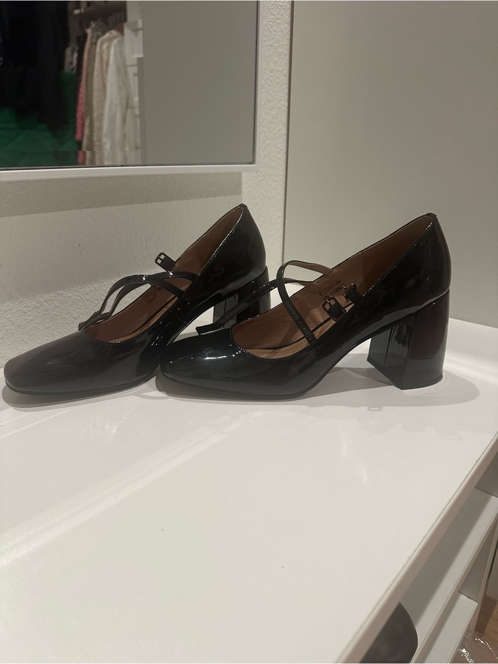 Patent Black Mary Jane Block Heel Pumps with Double Straps